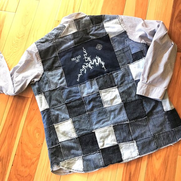 Patchwork Jean Jacket, Men's Size XXL: Upcycled Table Rock Lake Denim Shirt - Picture 5 of 13